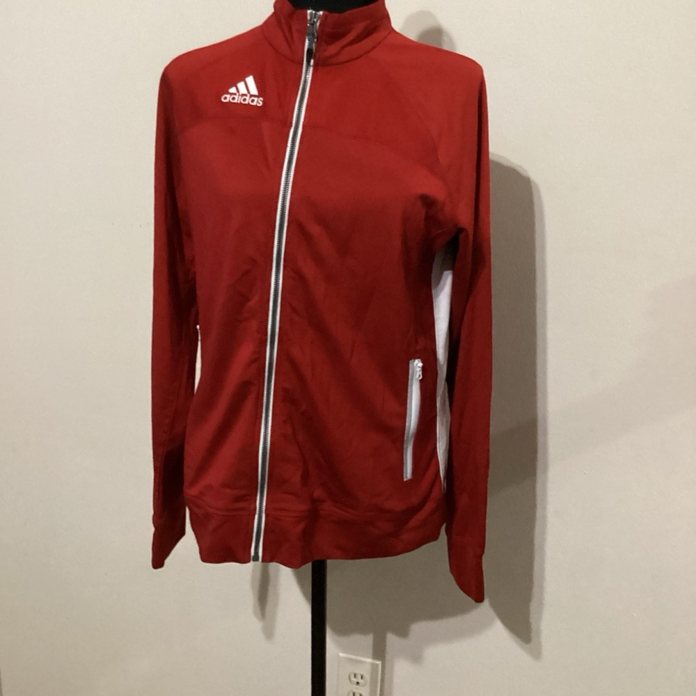 Adidas Red Track Jacket with White Stripes and Stand-Up Collar